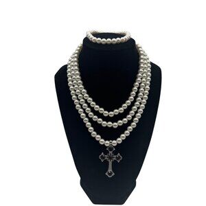 Claires Multi-Strand Pearl Necklace & Bracelet Set With Cross Pendant